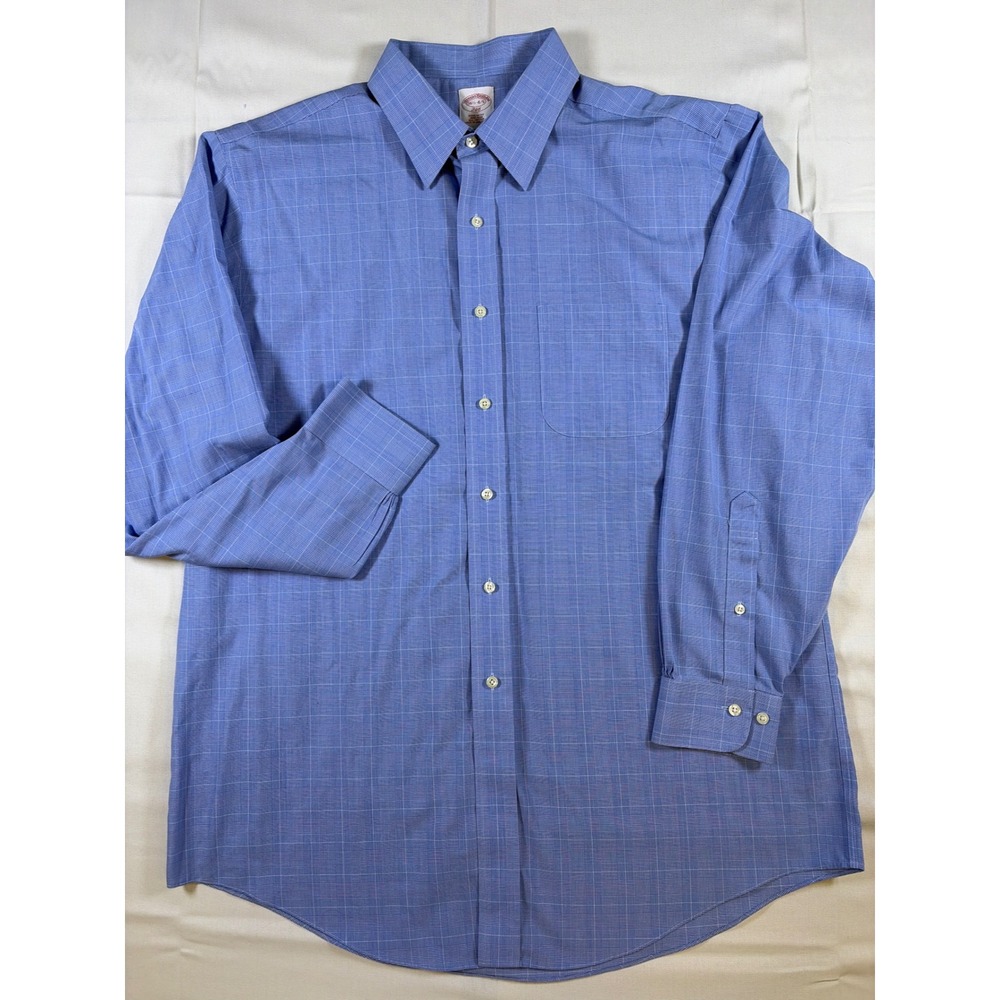Brooks Brothers 346 Mens 16.5 34/35 Blue Glen Plaid Non-Iron Cotton Dress Shirt